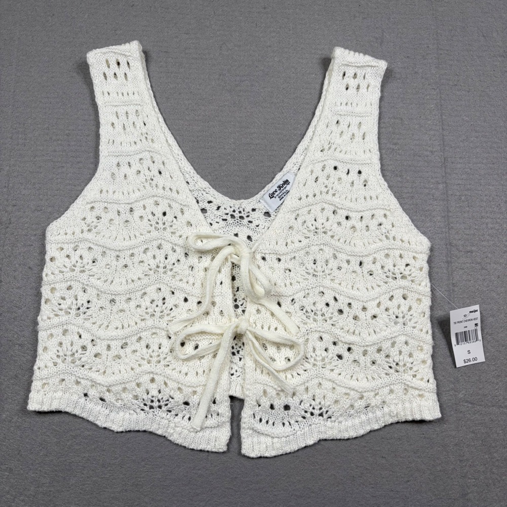 Love Knits Tie Front Chevron Vest‎ White Crochet Knit Boho Sleeveless Small NWT